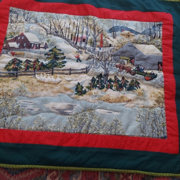 Vintage Grandma Moses Fabric Handmade Winter Scenery Wall Hanging - Picture 3 of 11
